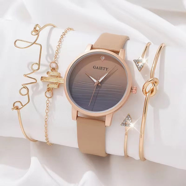 Elegant Gradient Wristwatch with 3 Free Gold Bracelet Set