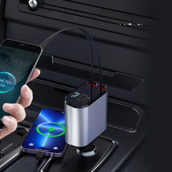 ✅ 4in1 Ultra-Fast Retractable Dual Car Charger – USB-C & Lightning Ports