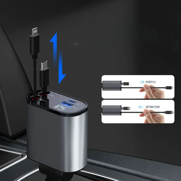 ✅ 4in1 Ultra-Fast Retractable Dual Car Charger – USB-C & Lightning Ports