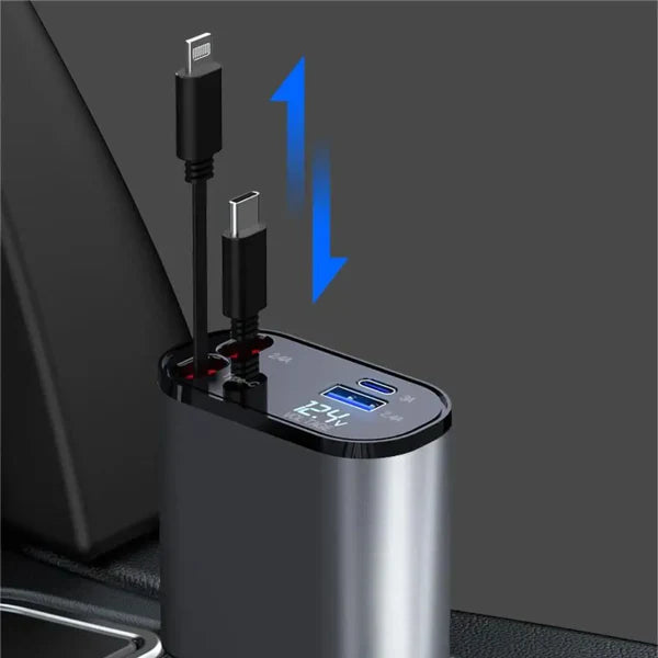 ✅ 4in1 Ultra-Fast Retractable Dual Car Charger – USB-C & Lightning Ports