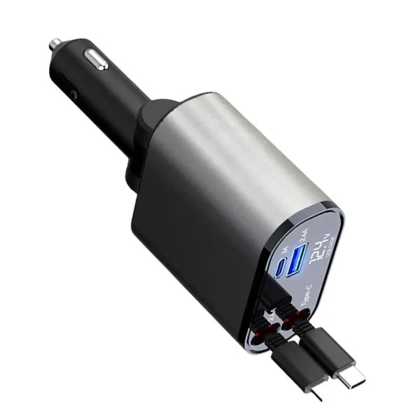 ✅ 4in1 Ultra-Fast Retractable Dual Car Charger – USB-C & Lightning Ports