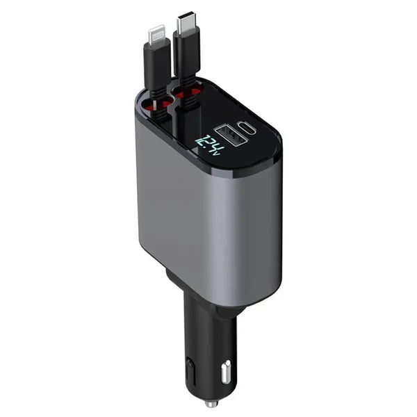 ✅ 4in1 Ultra-Fast Retractable Dual Car Charger – USB-C & Lightning Ports