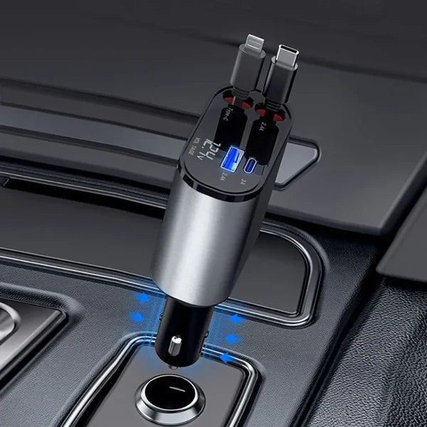 ✅ 4in1 Ultra-Fast Retractable Dual Car Charger – USB-C & Lightning Ports